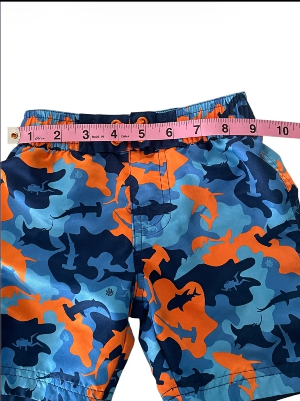 UVSkinz Orange Rash Guard Set with Blue & Orange Shark Camo Swim Trunks